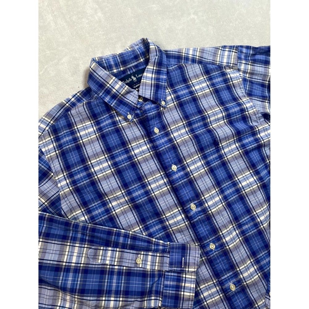 Ralph Lauren Shirt Mens Large Blue White Tartan Plaid Classic Fit Button‎ Down